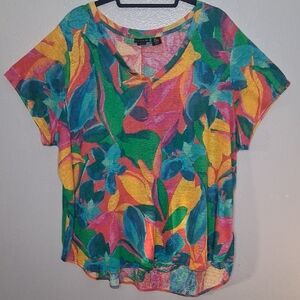 Tahari Women Tropical Lightweight Linen Top Resort Vacay Summer Short Sleeve 2X